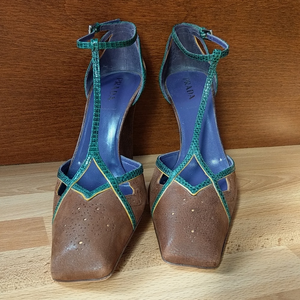 Prada 5" T-strap heels, forest green and brown